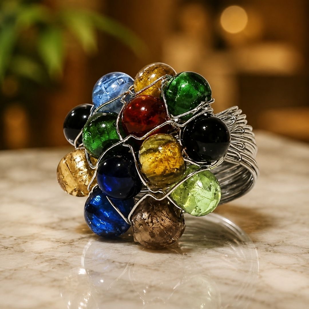 Handmade Multi Color Beaded Wire Wrap Cluster Ring