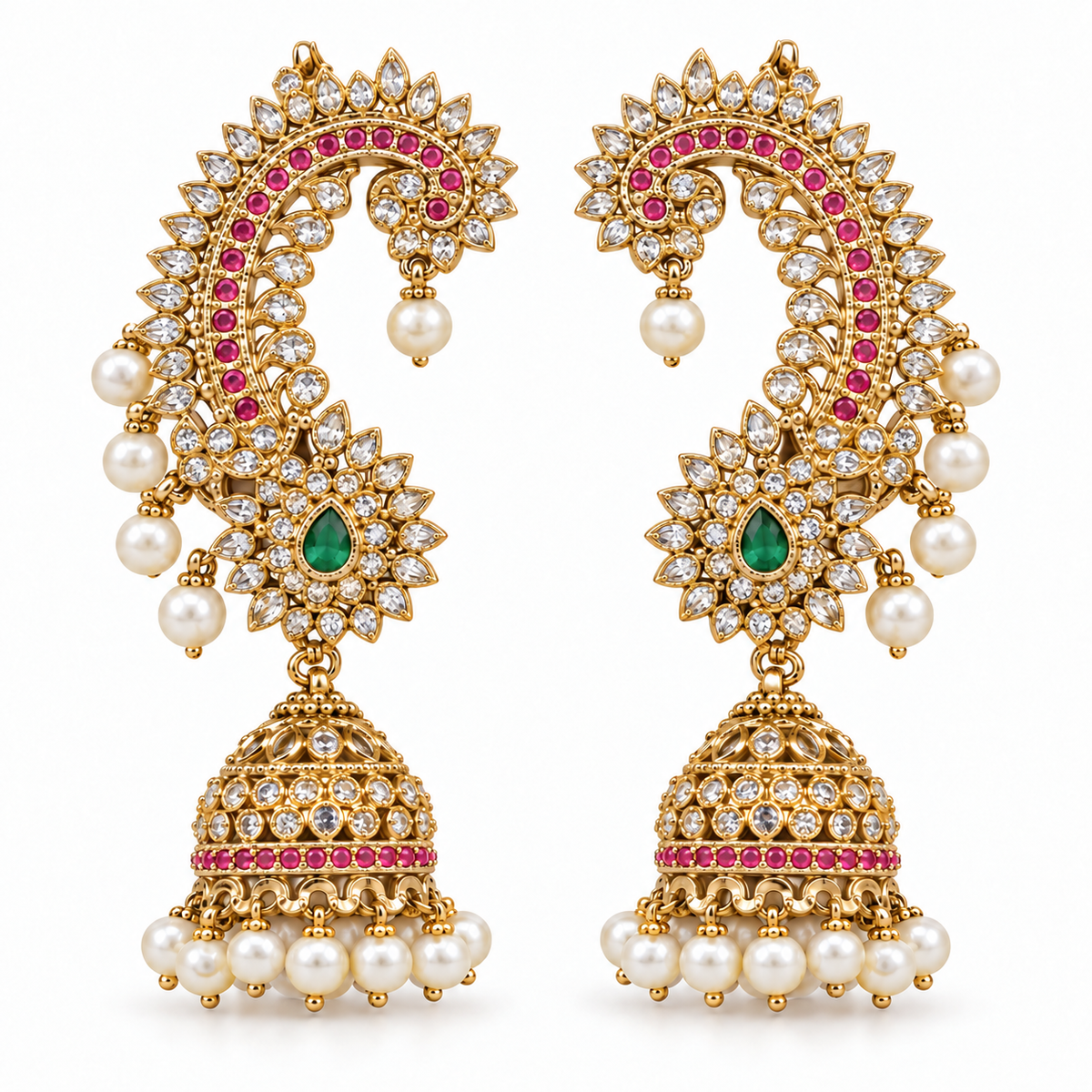AD Stone Ear Cuff Jhumka Earrings with Single Green Stone and Multiple Rani Pink Stones