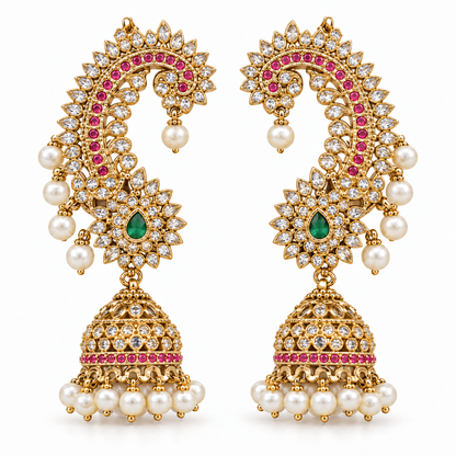 AD Stone Ear Cuff Jhumka Earrings with Single Green Stone and Multiple Rani Pink Stones