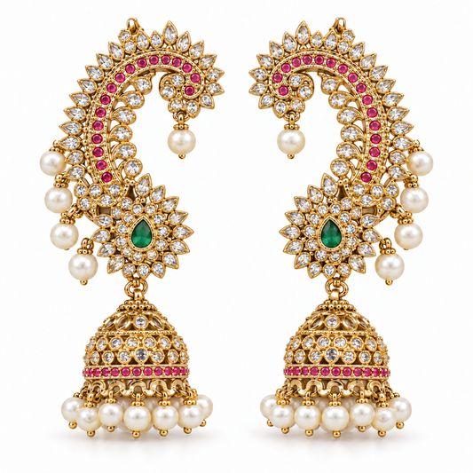 AD Stone Ear Cuff Jhumka Earrings with Single Green Stone and Multiple Rani Pink Stones