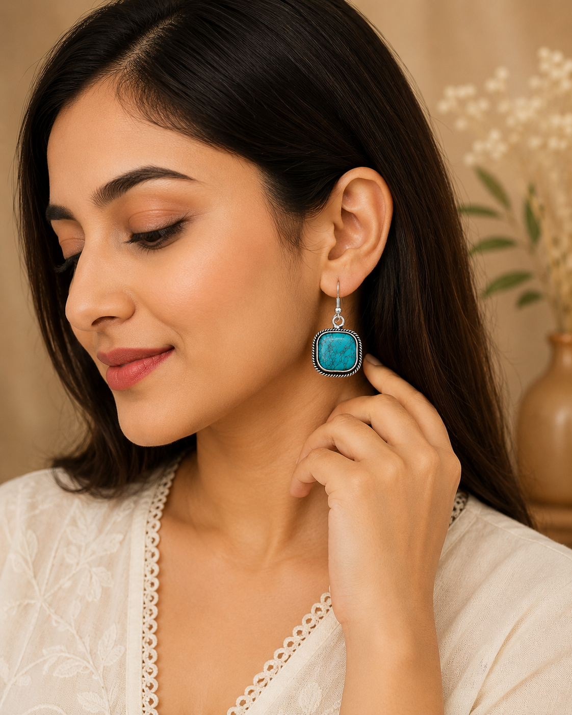 Turquoise Stone Drop Earrings – Boho Western Silver Tone Dangle Earrings