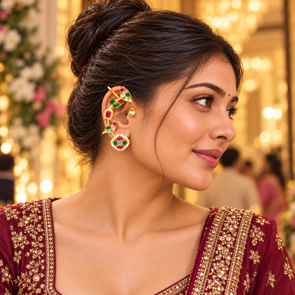 Gold-Plated Peacock-Shaped Ear Cuff Earrings with Artificial Stones and Bead Embellishments