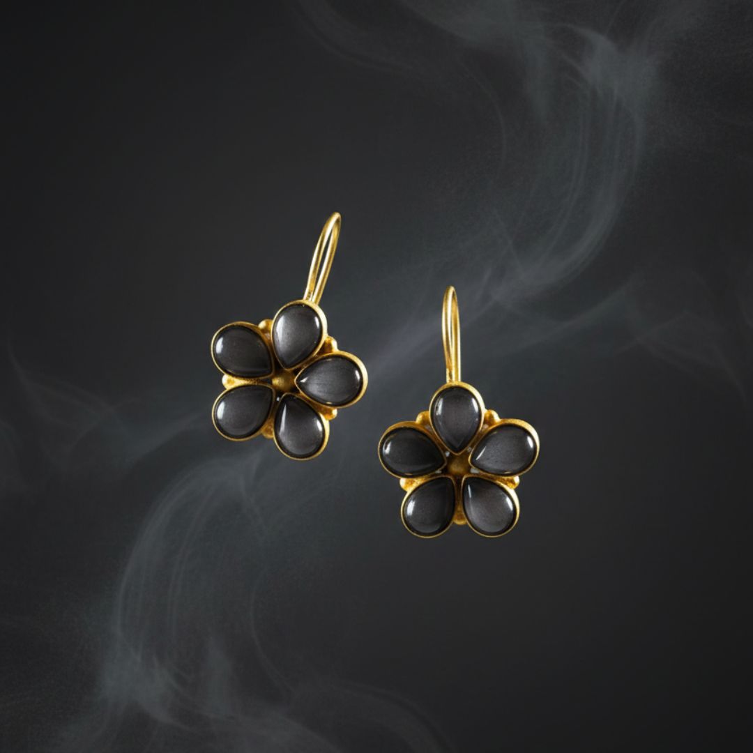 Gold-Toned Floral Drop Earrings with Black Stone Petals
