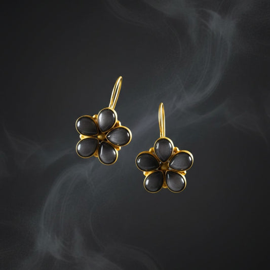 Gold-Toned Floral Drop Earrings with Black Stone Petals