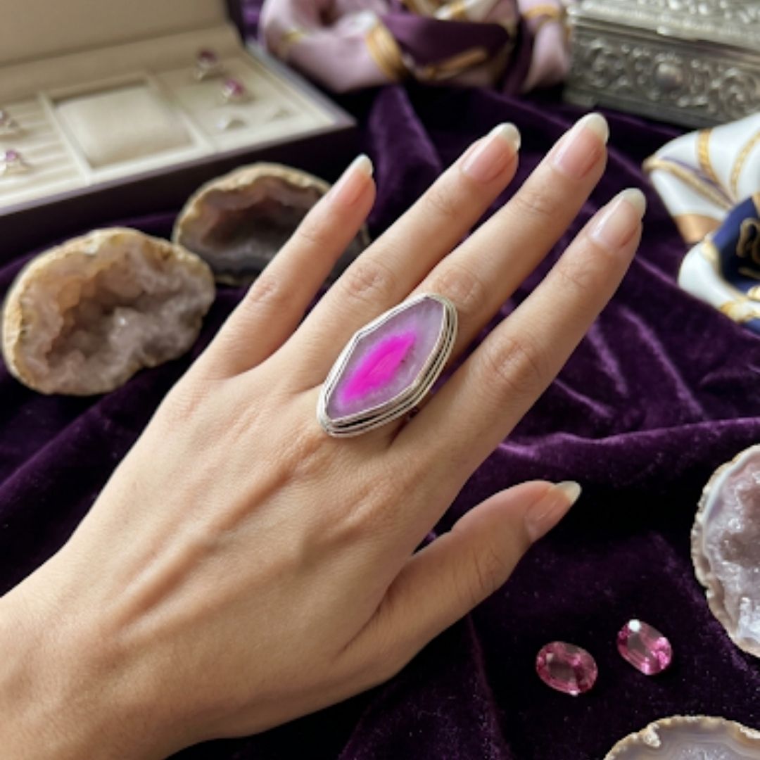 German Oxidized Silver Marquise Ring with Natural Purple Agate Stone | Adjustable Handmade Jewelry