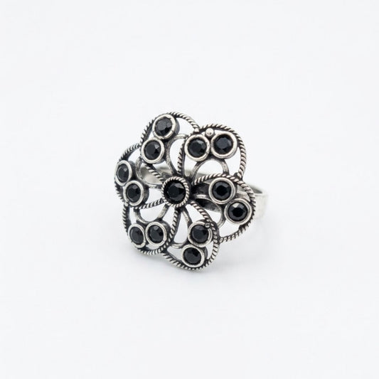 Oxidized German Silver Black Stone Floral Statement Ring