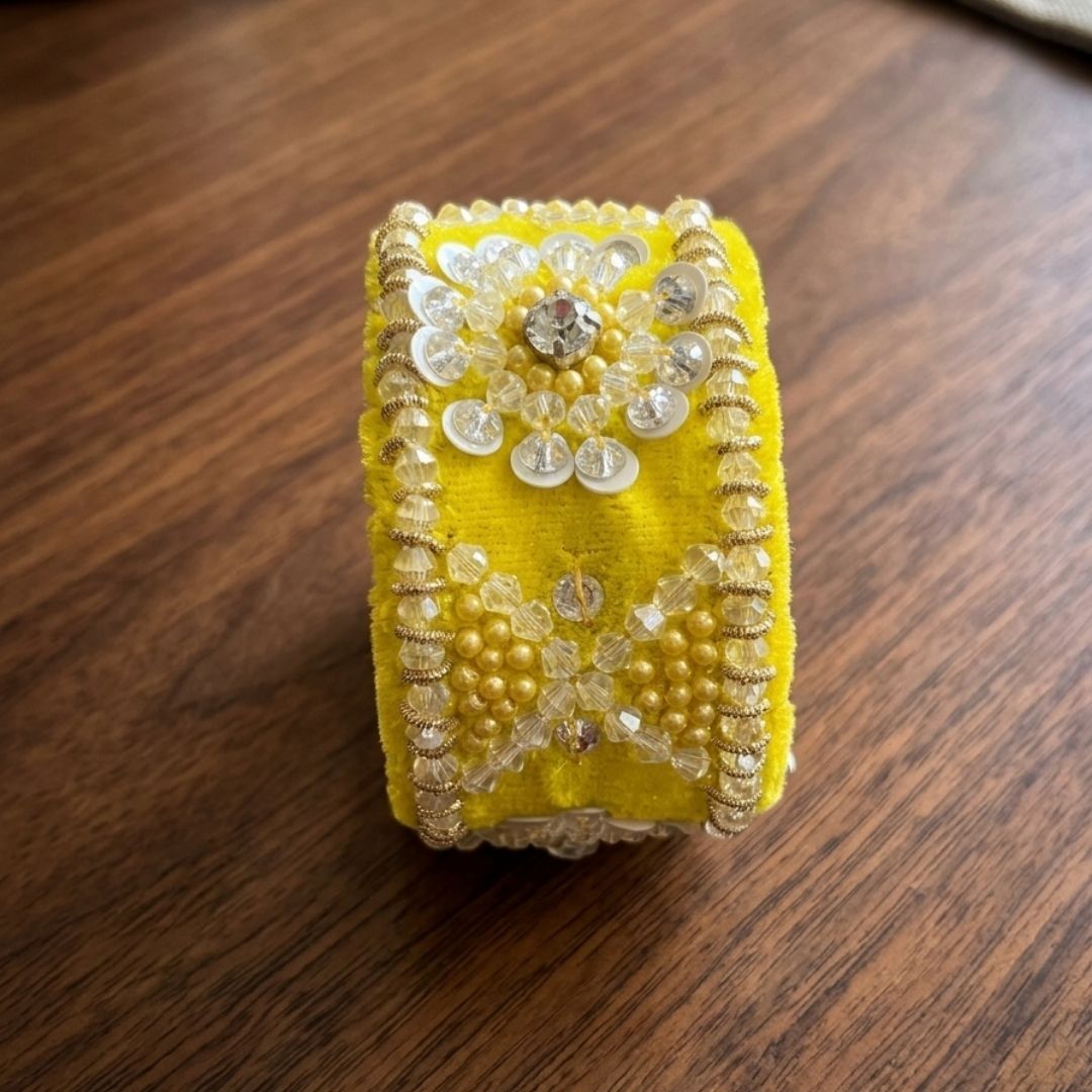 Handmade Adjustable Floral Beaded Velvet Cuff Bracelet – Sunshine Yellow