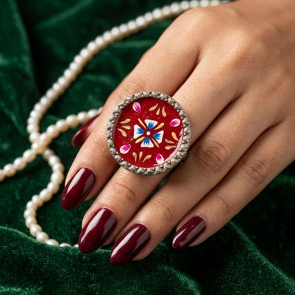 Elegant Meenakari Maroon Floral Silver Adjustable Finger Ring