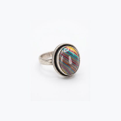 Vintage Rainbow Striped Oval Gemstone Oxidized Silver Ring