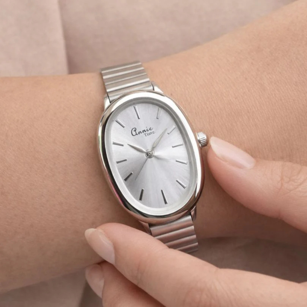 Annie Essence Oval Silver Watch – Minimalist Stainless Steel Watch for Women