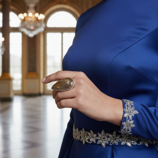Natural Stone Teardrop Oxidised Silver Statement Ring