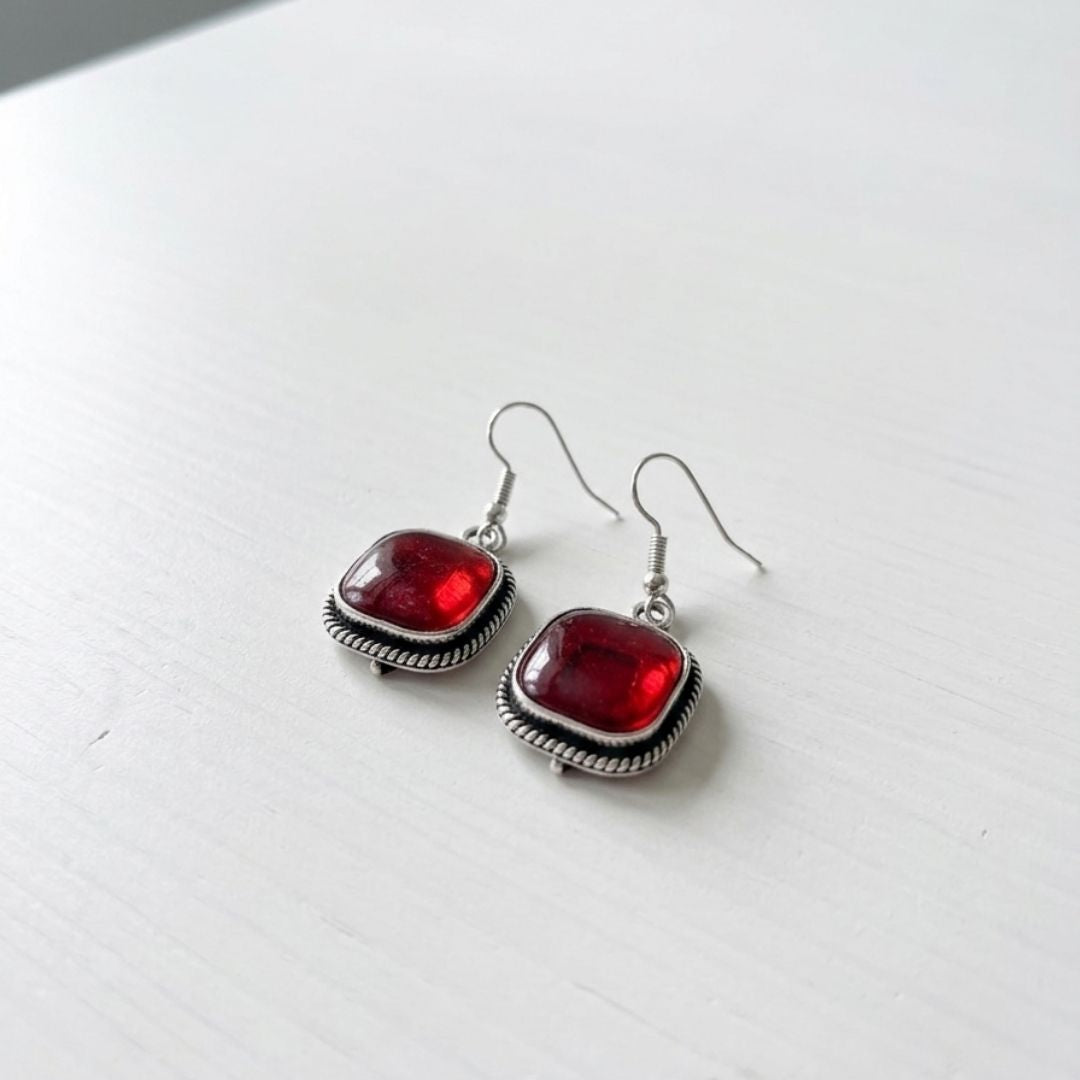 Vintage-Inspired Red Glass Drop Earrings – Silver Tone Dangle Earrings