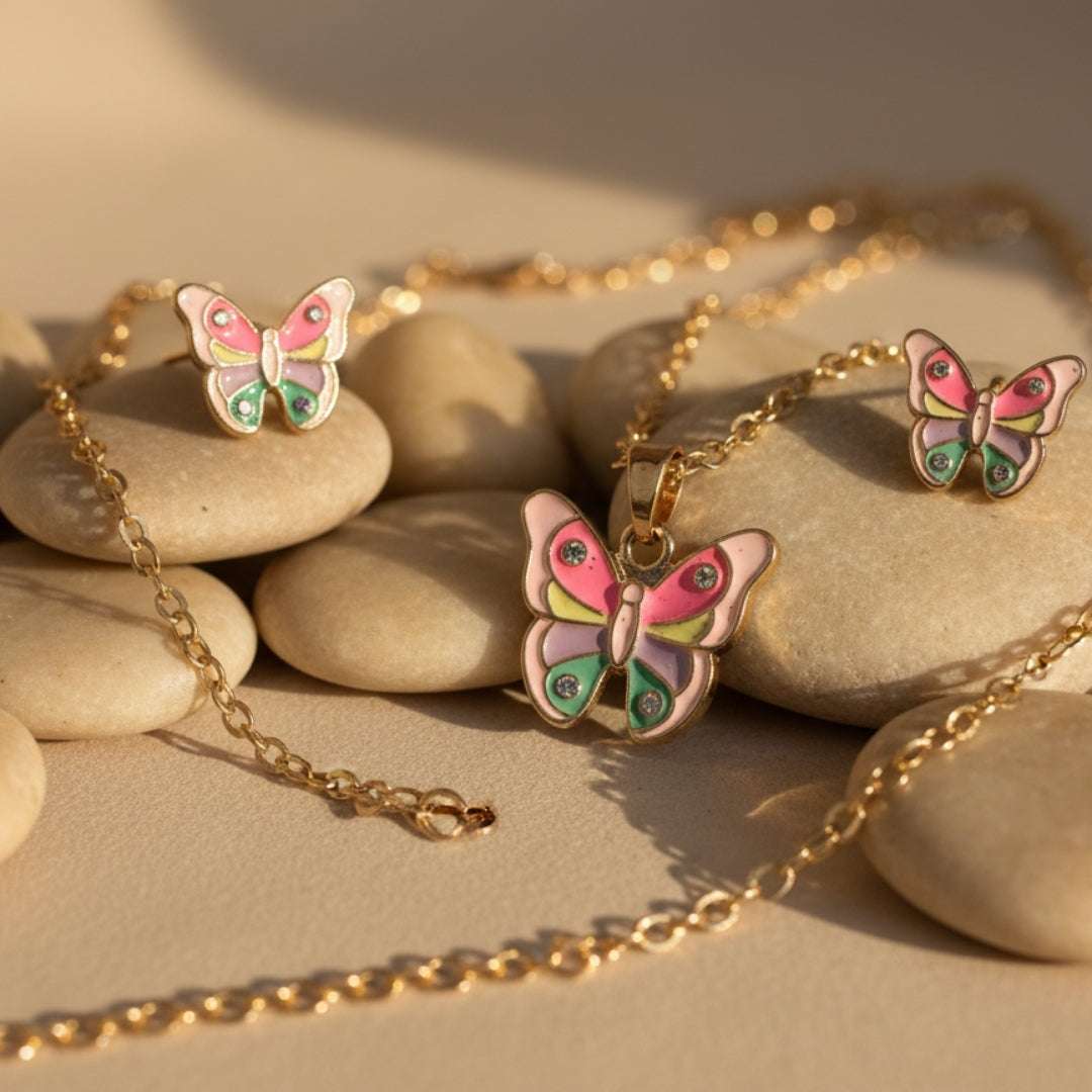 Kids Butterfly Necklace & Earring Set – Multicolor Enamel