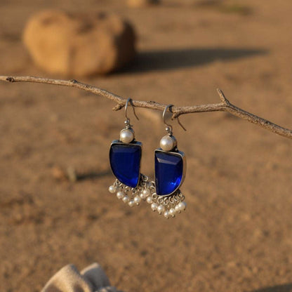 Oxidized Royal Blue Stone & Pearl Danglers