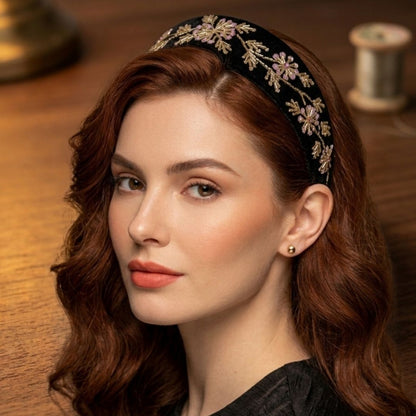 Handmade Premium Velvet Hairband with Floral Sequin & Bead Embellishment