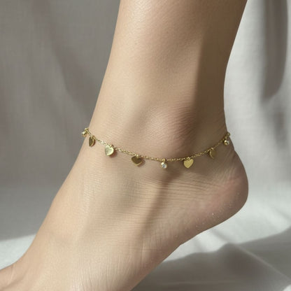 Delicate Gold Anklet with Heart & Stone Charms