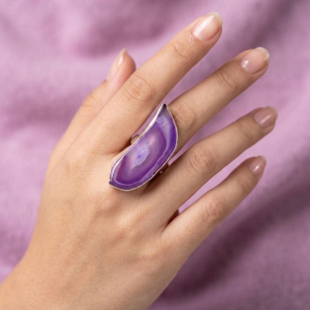 Handcrafted German Oxidized Silver Ring with Natural Purple Agate Slice | Adjustable Statement Ring
