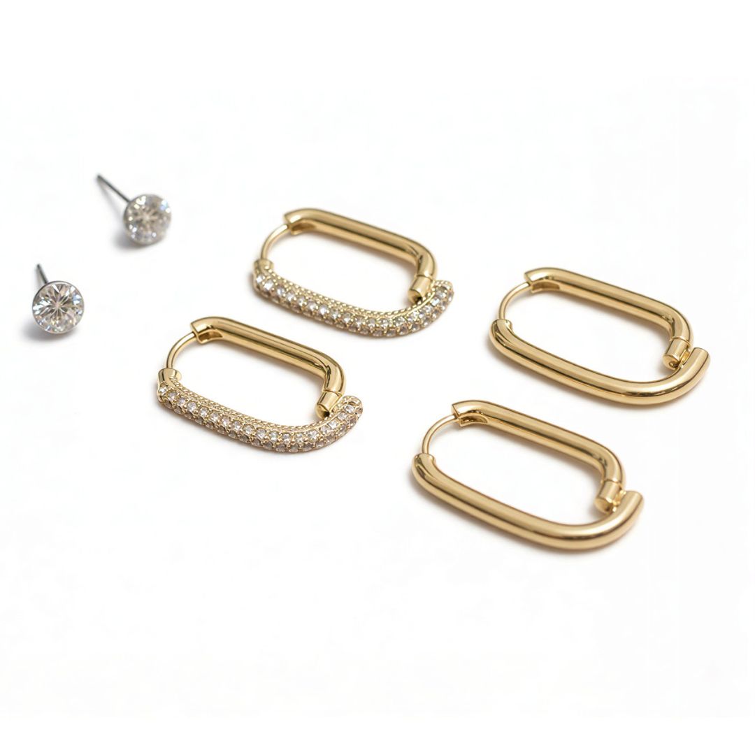Gold Plated CZ Square Hoop Earrings Set | Anti-Tarnish