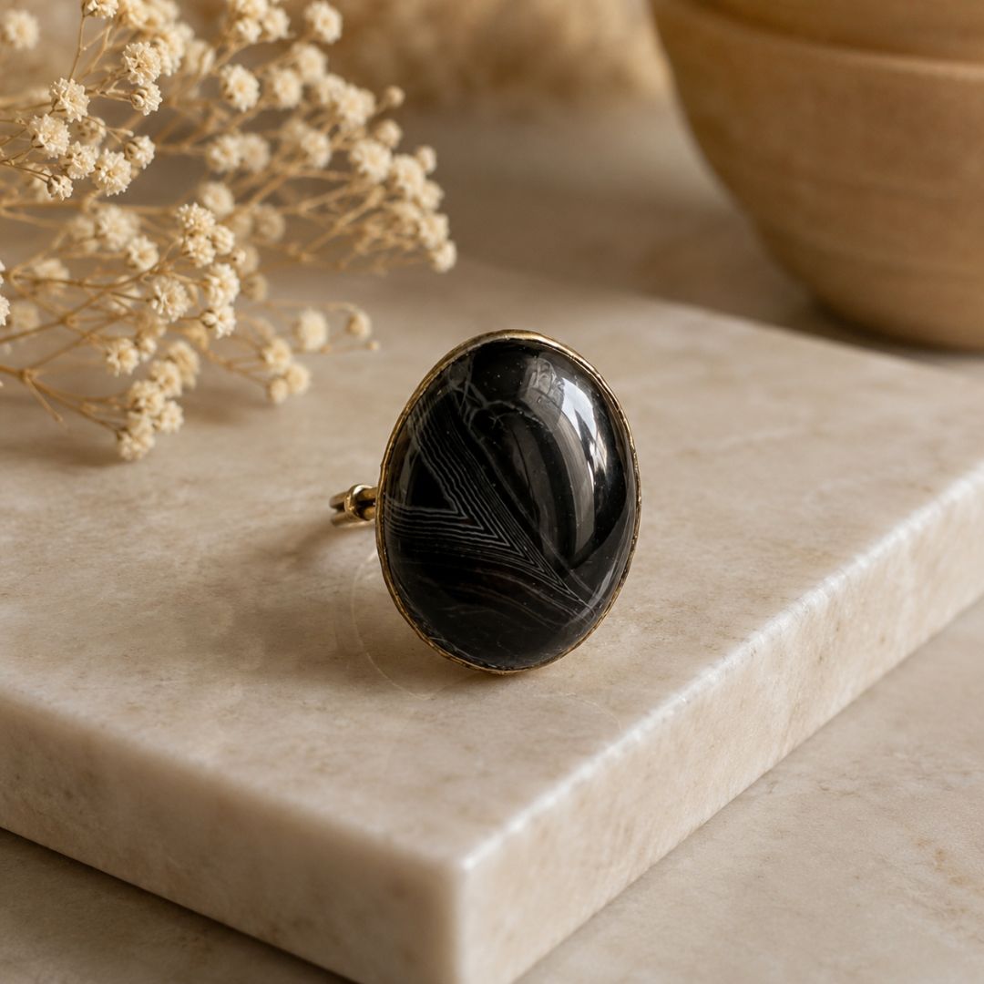 🖤 Midnight Veil Agate Ring