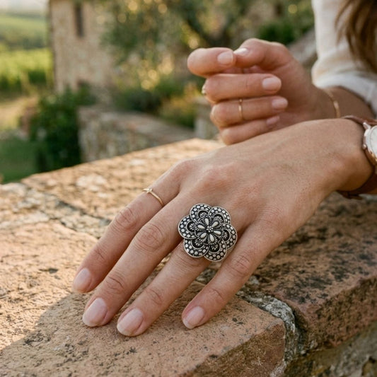 Oxidized German Silver Floral Mandala Statement Ring