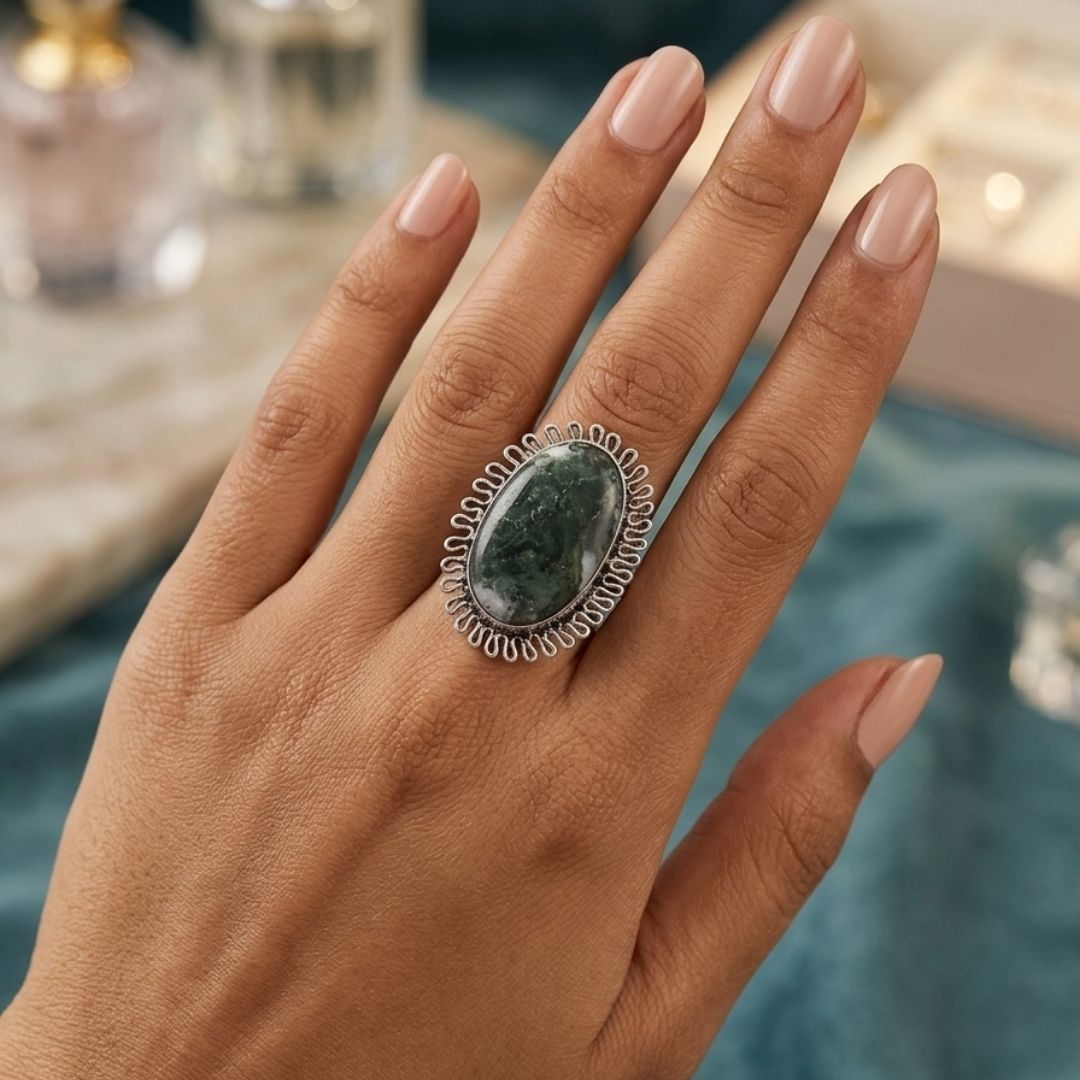 Elegant Oxidised Silver Adjustable Ring with Green Stone