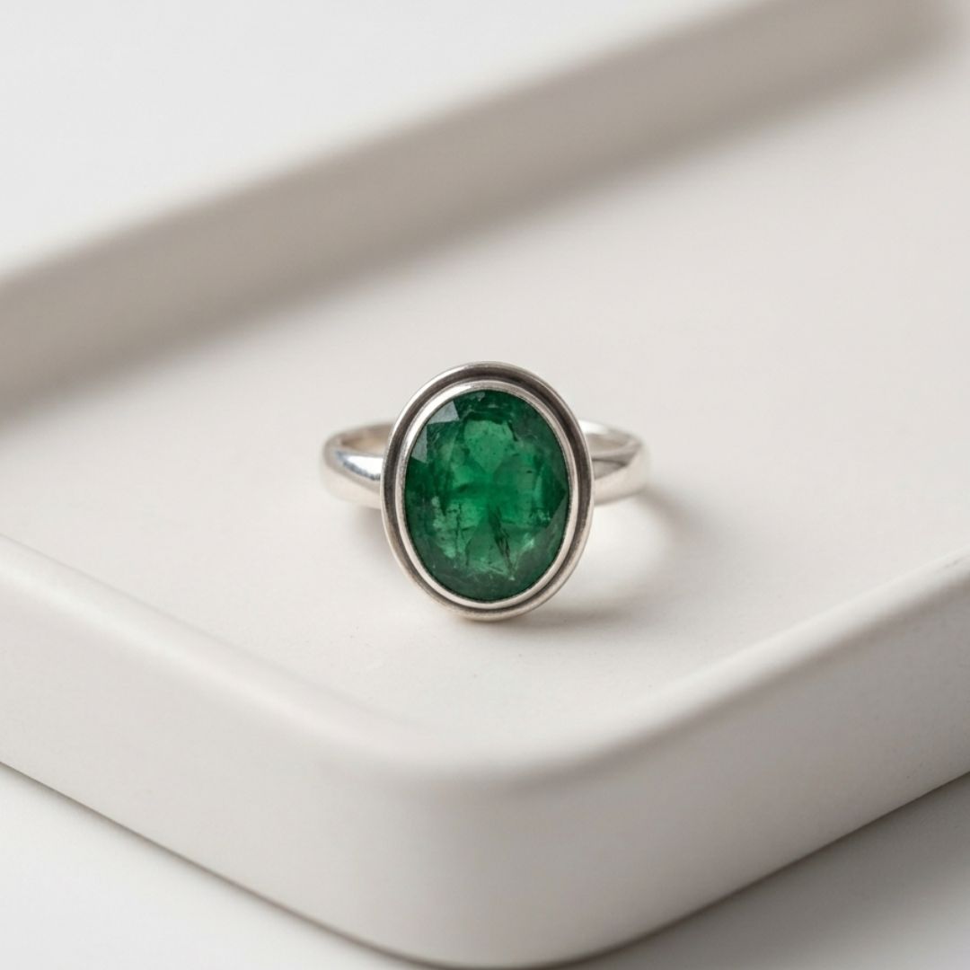 German Silver Ring with Green Oval Stone – Handmade Statement Ring