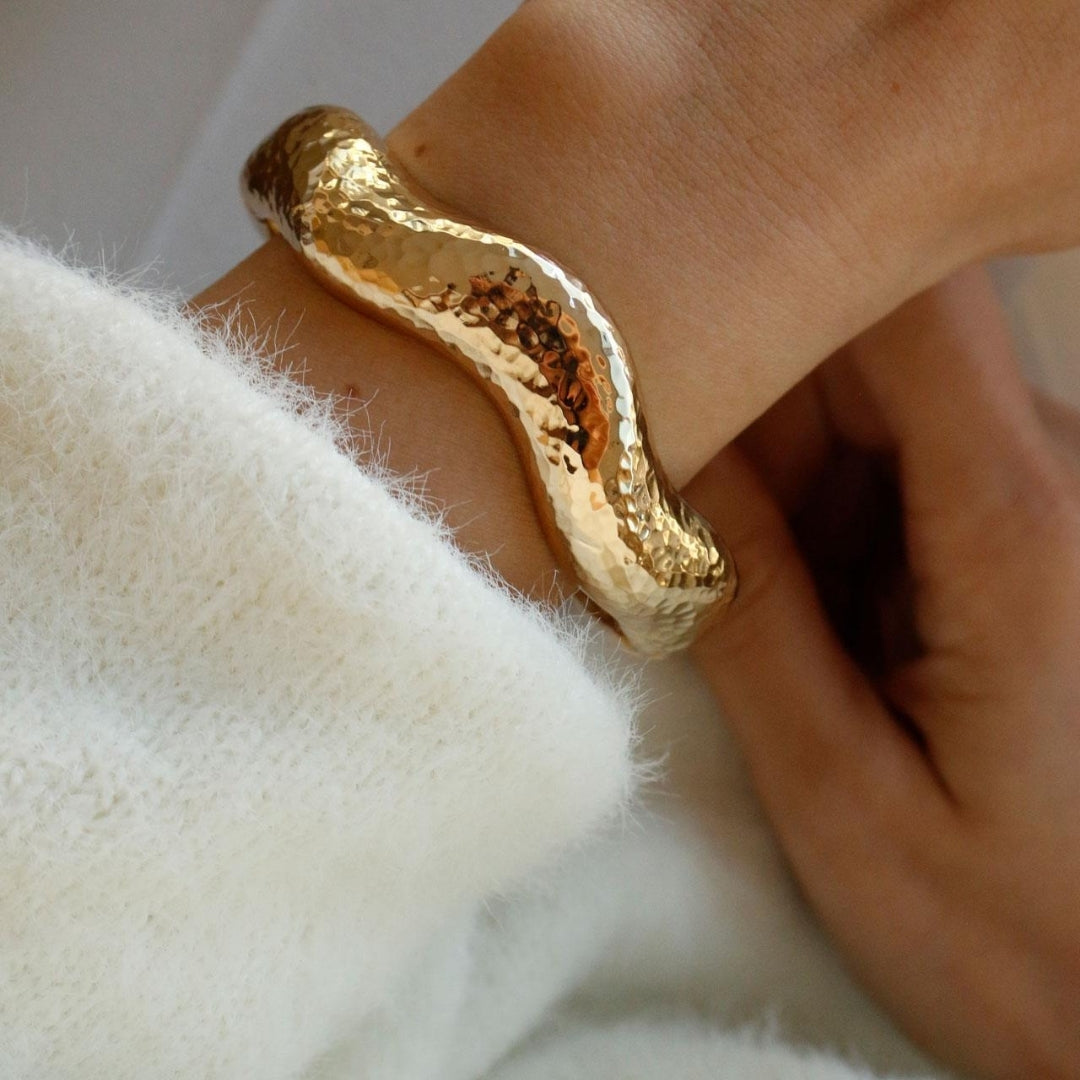 Wavy Hammered Gold Plated Cuff Bracelet