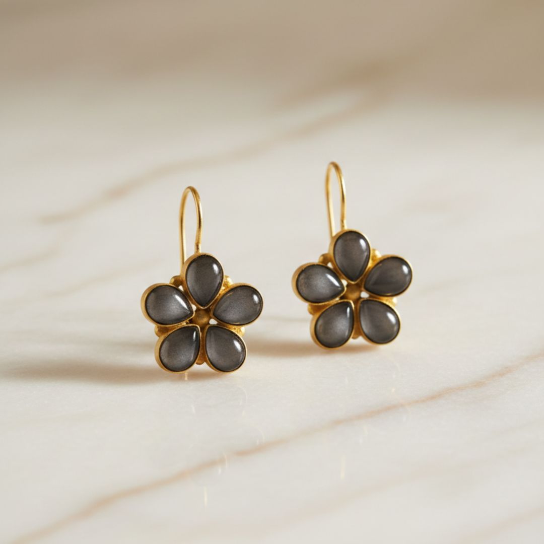 Gold-Toned Floral Drop Earrings with Black Stone Petals