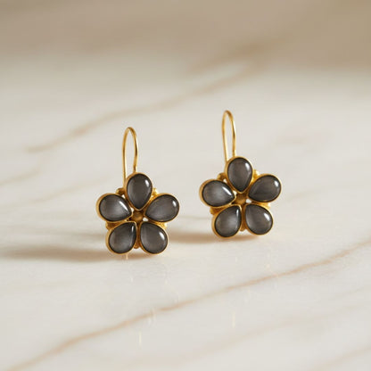 Gold-Toned Floral Drop Earrings with Black Stone Petals