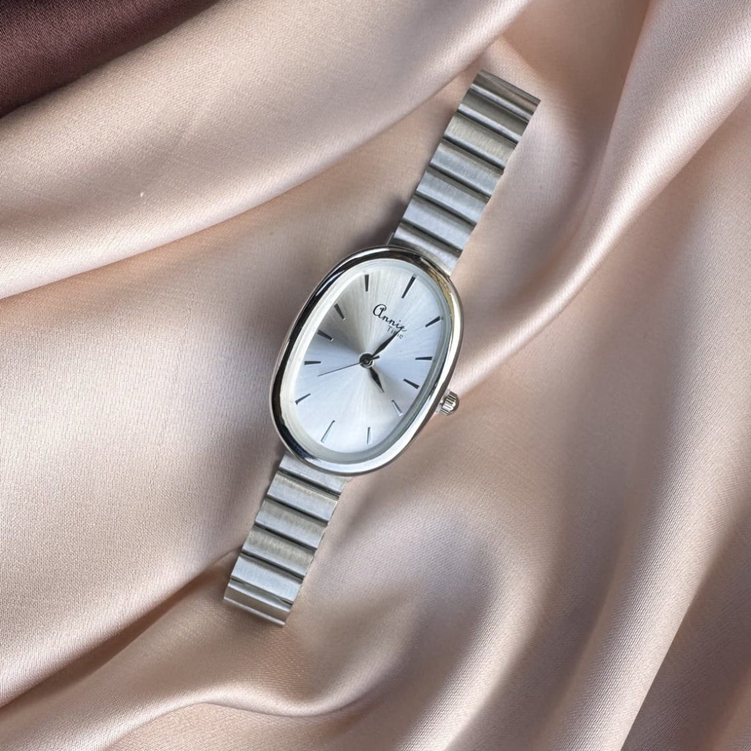 Annie Essence Oval Silver Watch – Minimalist Stainless Steel Watch for Women