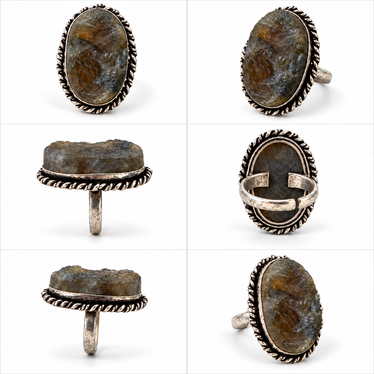 Oval Smoky Grey Druzy Statement Ring with Antique Silver-Tone Rope