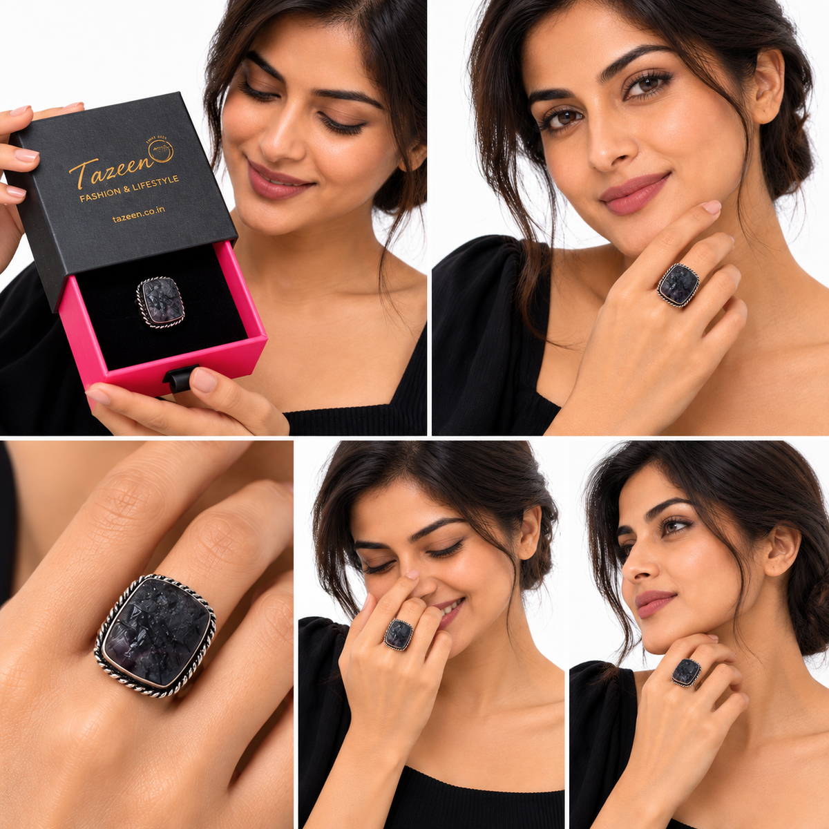 Rustic Black Druzy Gemstone Ring in Antique Rose Gold Finish