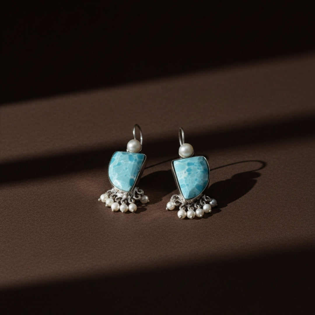 Oxidized Turquoise & Pearl Chandbali Earrings