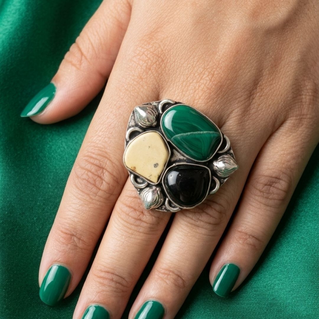 Statement Oxidised Silver Adjustable Ring with Multi-Stone Design