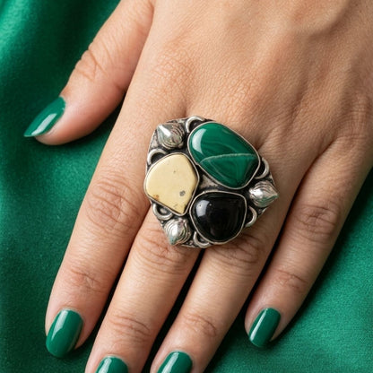 Statement Oxidised Silver Adjustable Ring with Multi-Stone Design