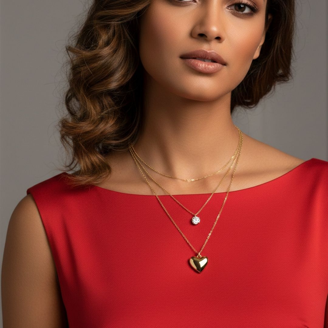 Elegant Double Chain Necklace with Heart & Crystal Drop