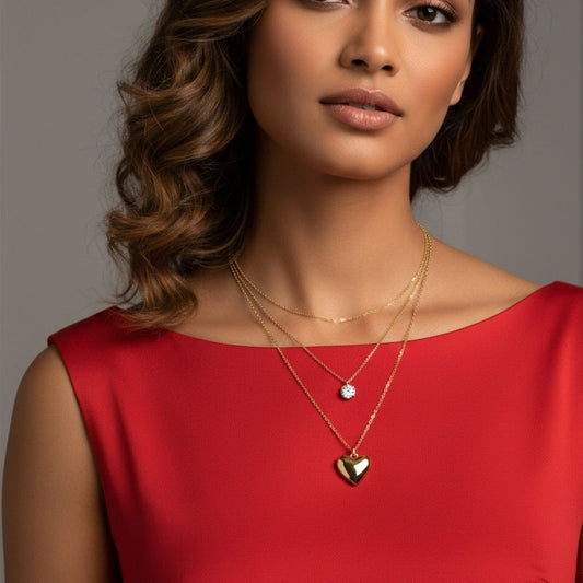 Elegant Double Chain Necklace with Heart & Crystal Drop