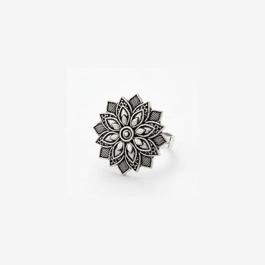 Oxidized German Silver Floral Mandala Statement Ring