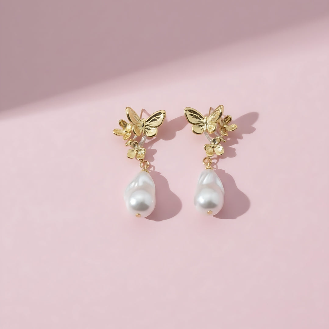 Elegant Gold Butterfly with Pearl Dangle Earrings