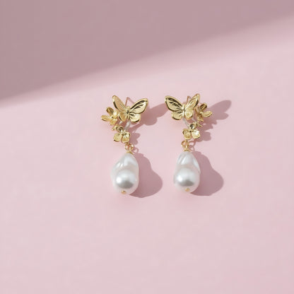 Elegant Gold Butterfly with Pearl Dangle Earrings