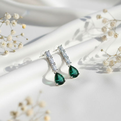 American Diamond Linear Emerald Drop Earrings