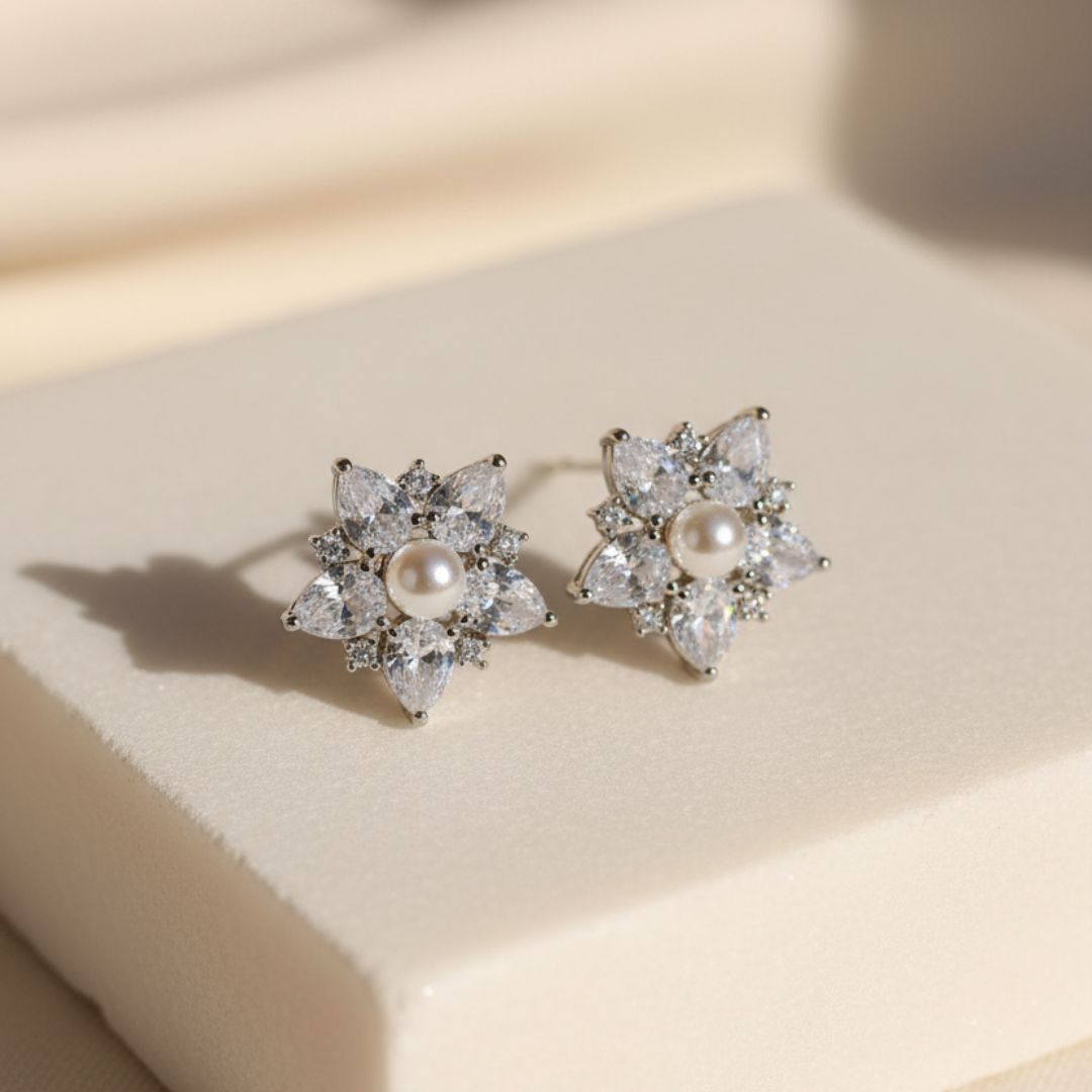 American Diamond Pearl Flower Stud Earrings