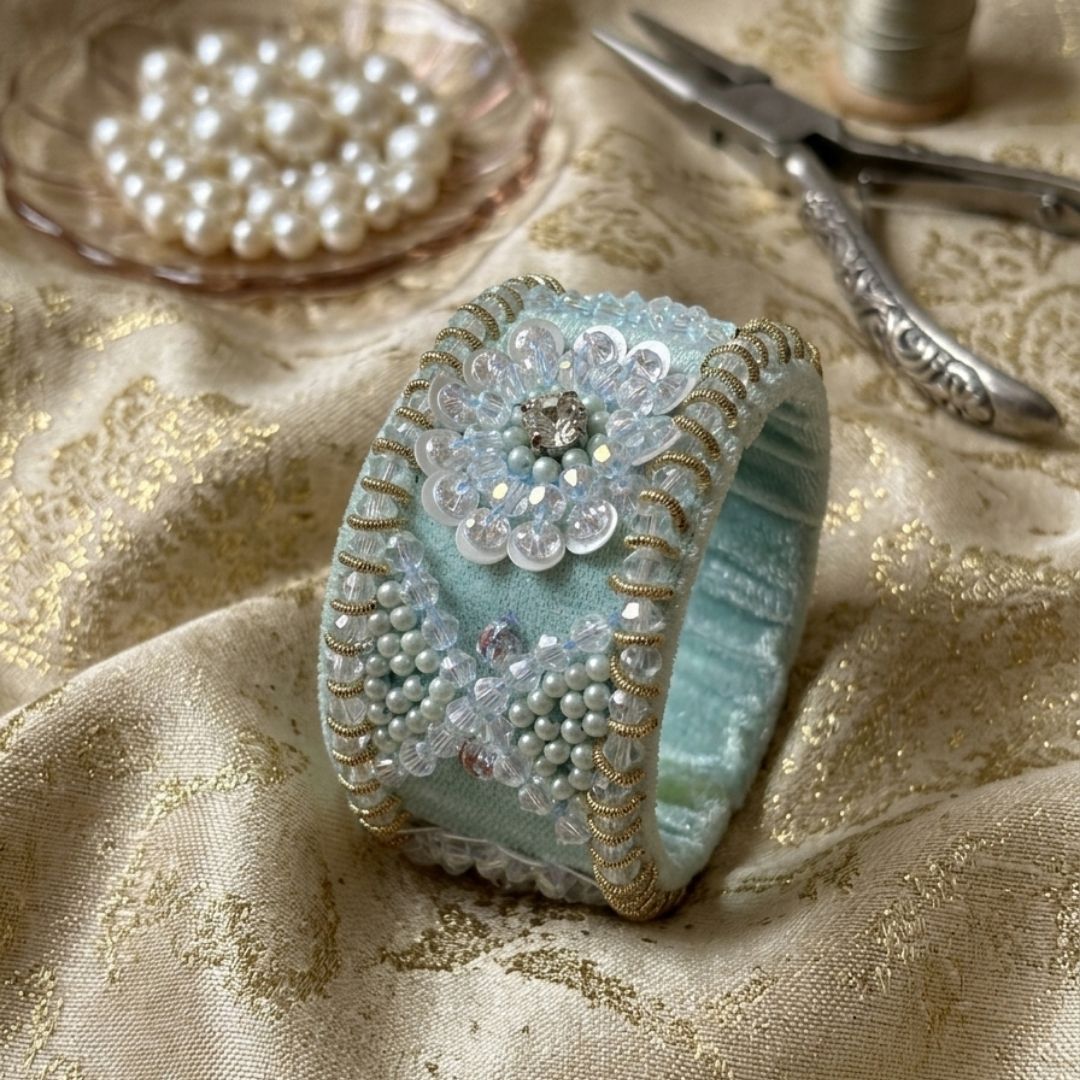 Handmade Adjustable Vintage-Inspired Beaded Velvet Cuff Bracelet