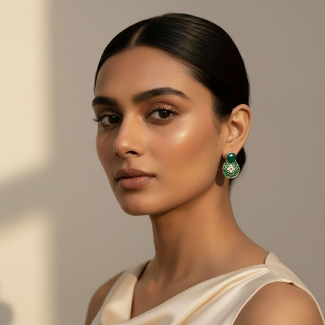 Oxidized Green Enamel Floral Stud Earrings