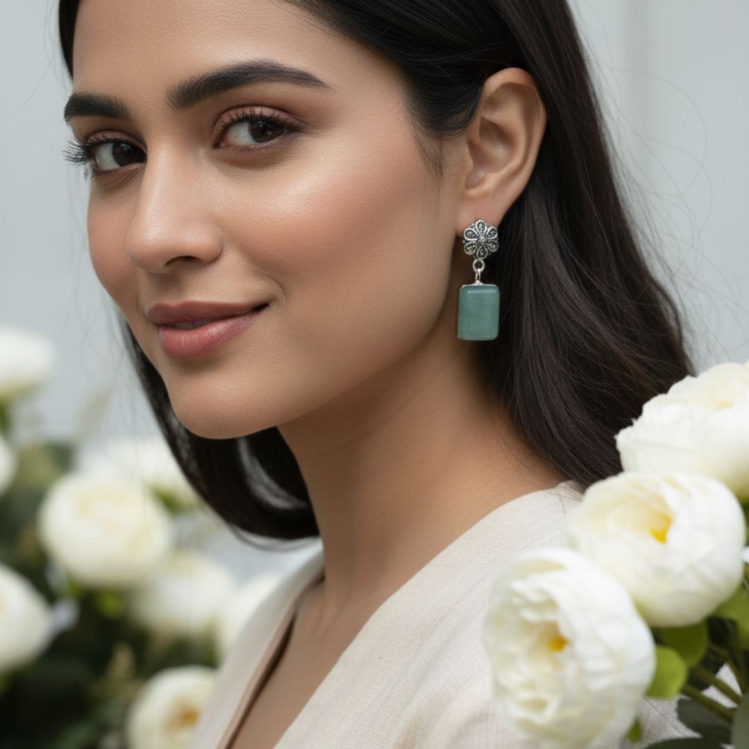 Antique Silver Floral Studs with Aqua Stone Drop Earrings