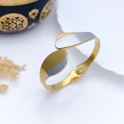 Dual Tone Gold & Silver Designer Bracelet | Modern Leaf Statement Bangle