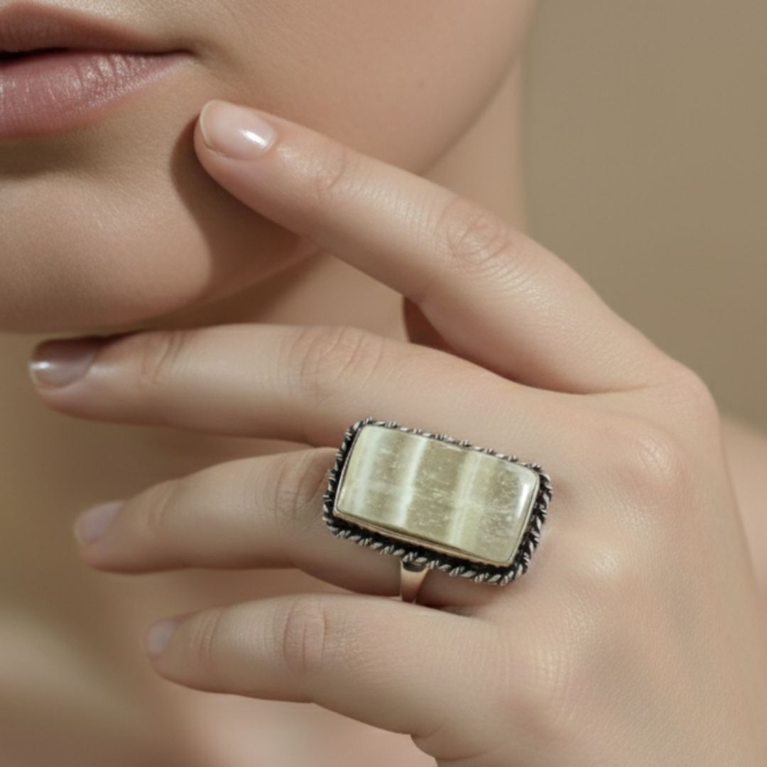 Beige Onyx Oxidized Silver Rectangular Finger Ring