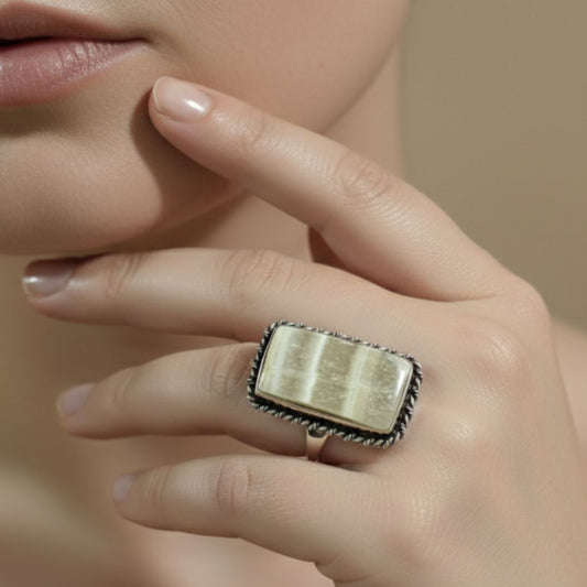 Beige Onyx Oxidized Silver Rectangular Finger Ring