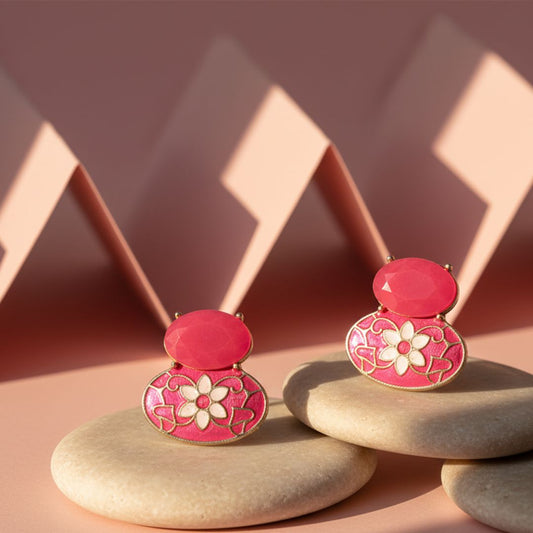 Oxidized Pink Enamel Floral Stud Earrings