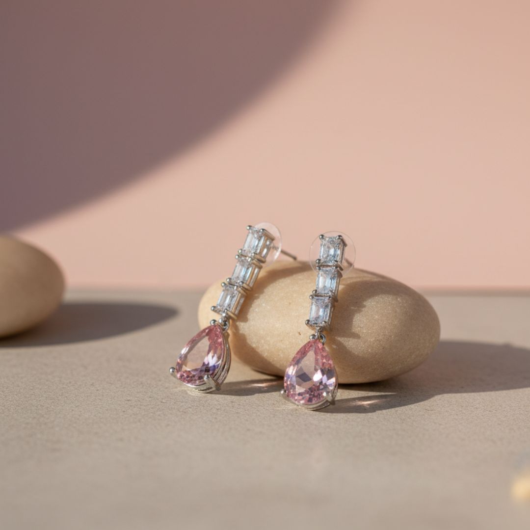 American Diamond Linear Pink Drop Earrings